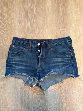 Levi's Dark Blue Distressed Button-Fly Denim Shorts